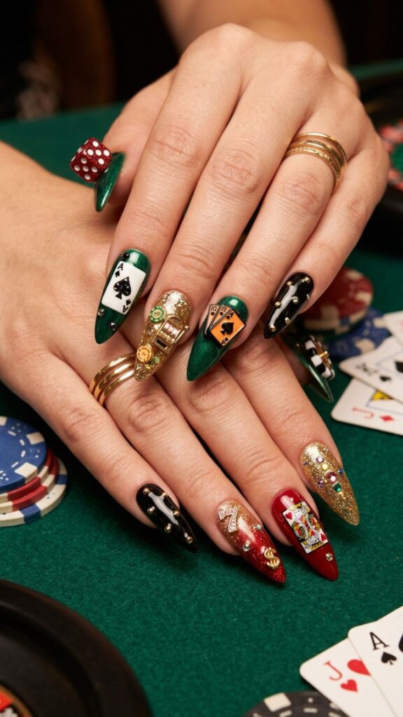 Casino night junk nails featuring dice, playing card details, rhinestones, and glamorous 3D nail art.
