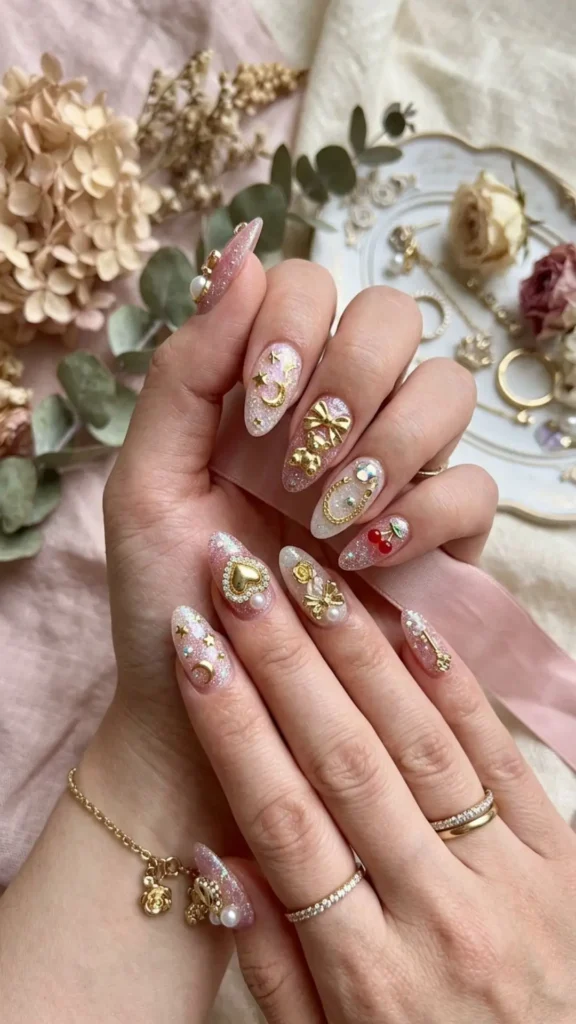 Glamorous nails decorated with charms, pearls, and sparkling accents.