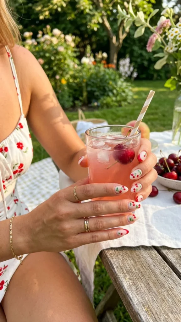 Cute cherry-themed nails with glossy red and pink summer details.