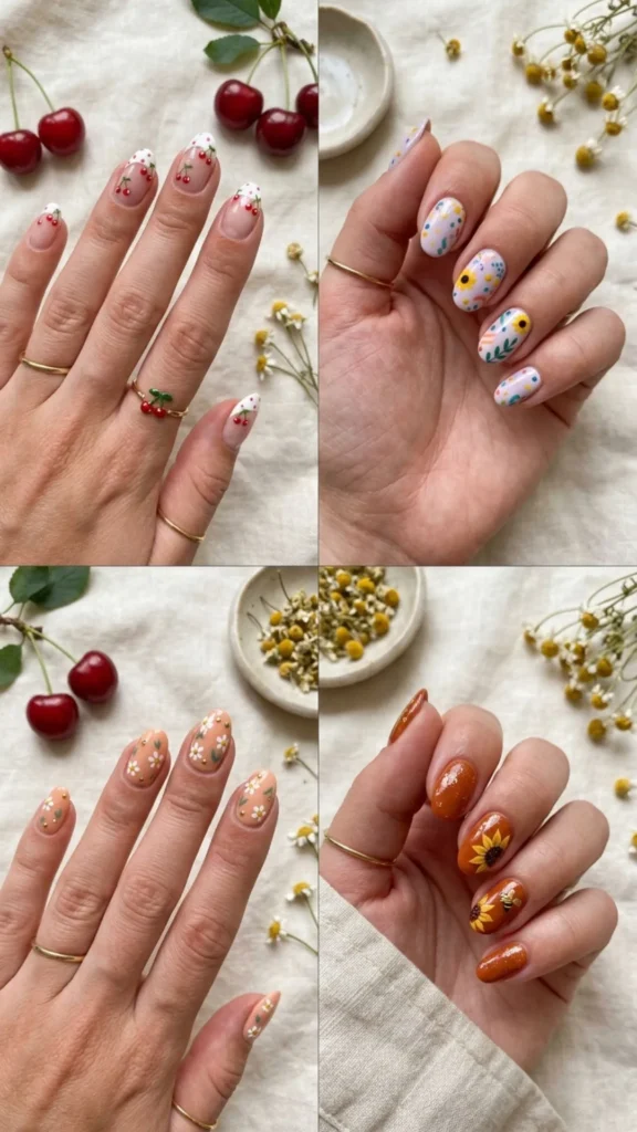 Cute cherry polka dot French nails featuring playful red cherry accents and delicate dotted details.