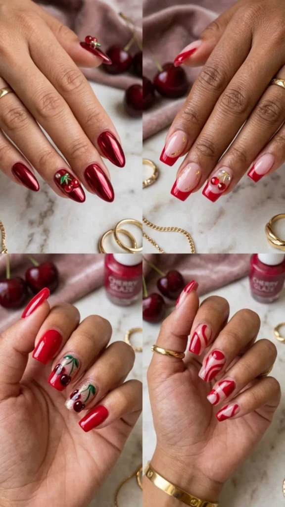 Cherry red glazed nails with bold glossy viral style