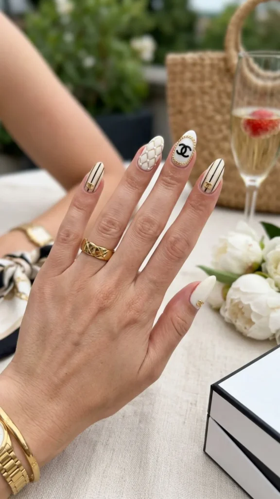 Luxury Chanel-inspired summer nails featuring elegant details and a sophisticated manicure style.