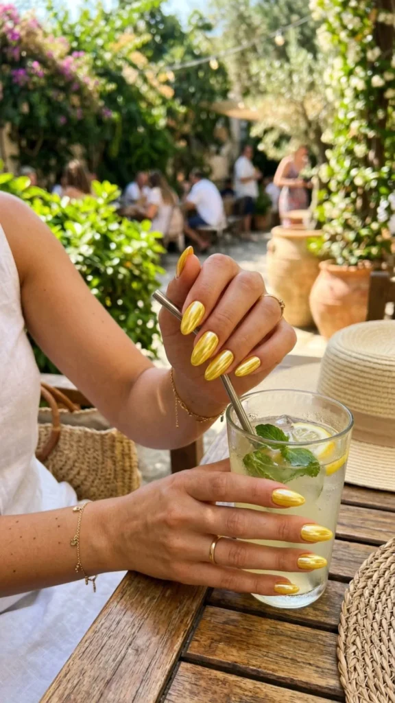 Trendy chrome butter yellow nails with a soft metallic finish.
