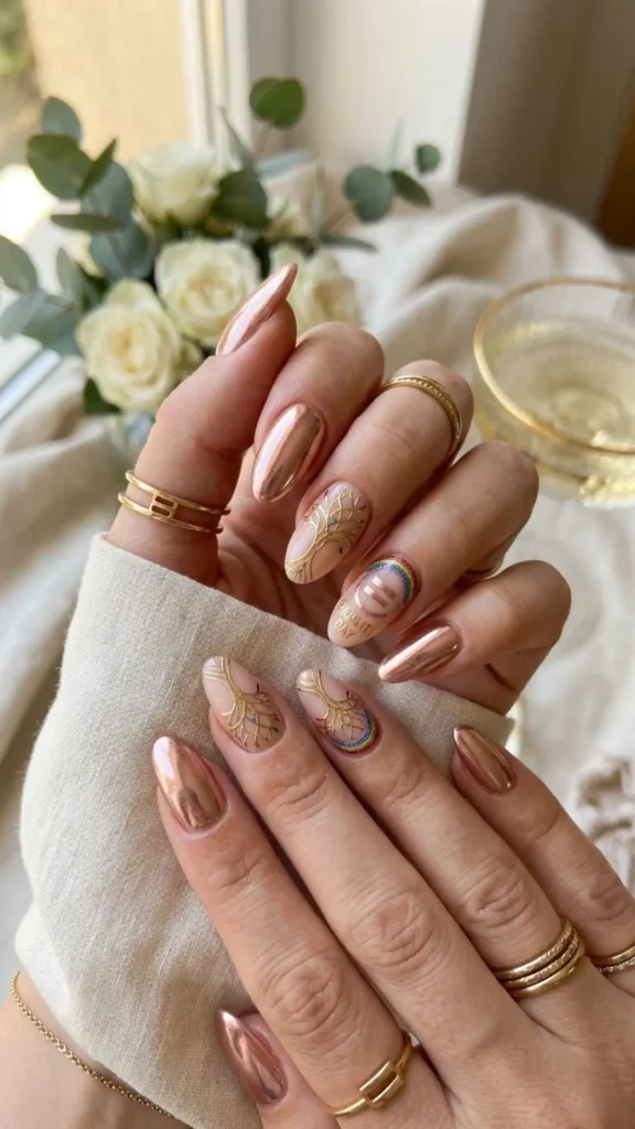 Elegant nude chrome nails with chic Equality Day accents.