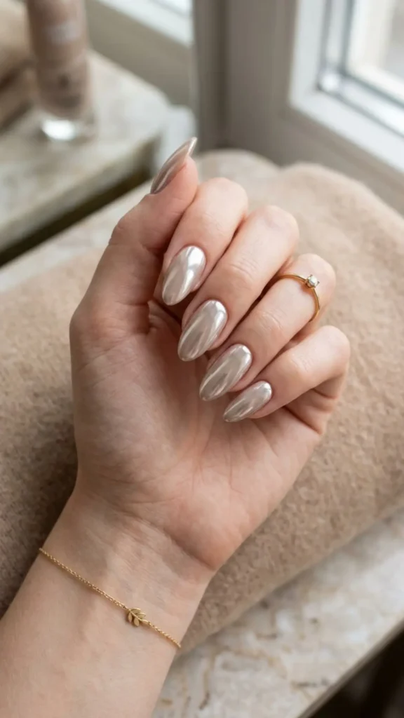 Elegant nude nails enhanced with a sleek chrome finish for a modern, glossy, and sophisticated summer look.
