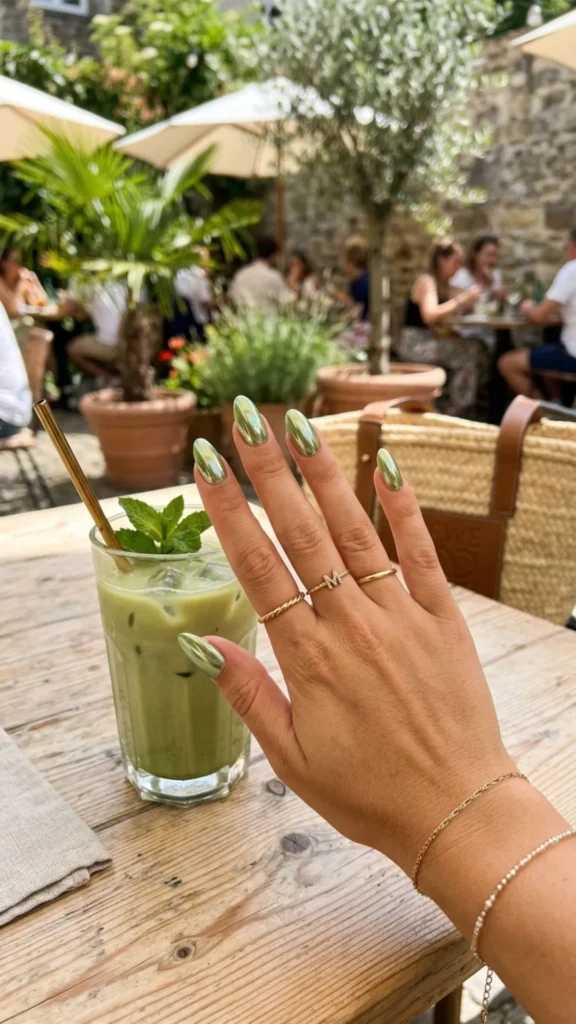 Glossy chrome pistachio nails blend a refreshing green tone with a sleek metallic finish for a modern summer style.
