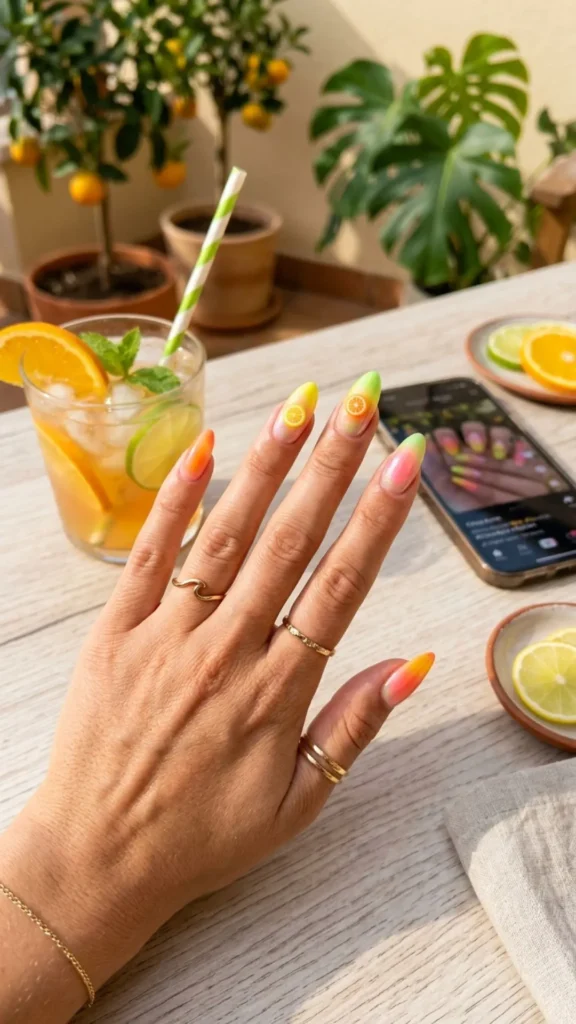  Bright citrus aura nails with vibrant glowing effect