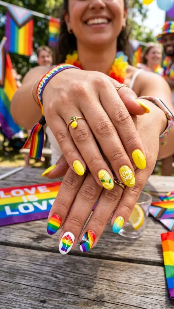 Bright lemon yellow nails with colorful Equality Day details.