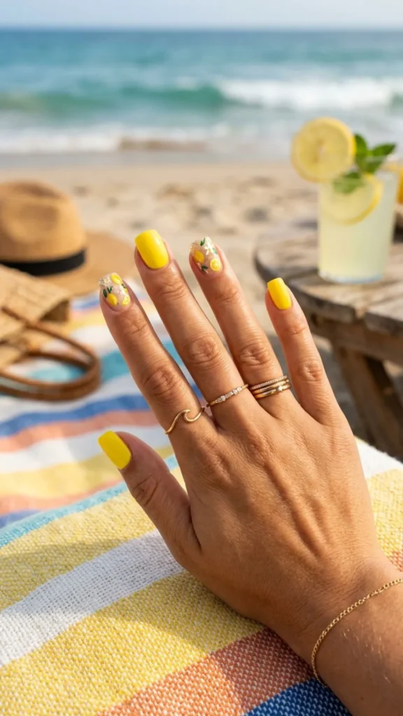Bright citrus yellow lemon drop nails add a cheerful, sunny, and vibrant touch to your summer manicure.