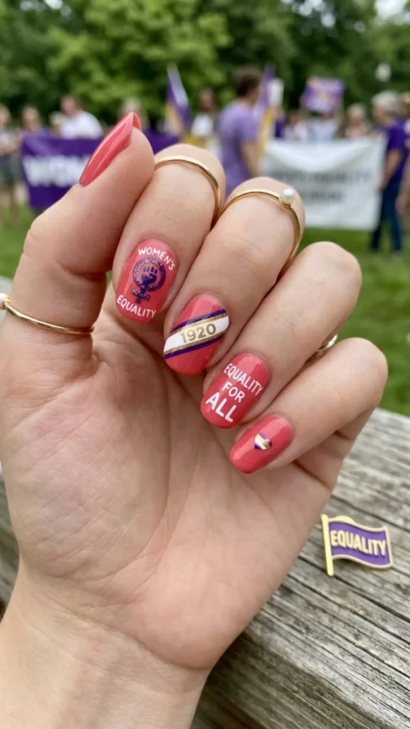 Bold coral Women’s Equality Day nails with a vibrant, empowering finish.