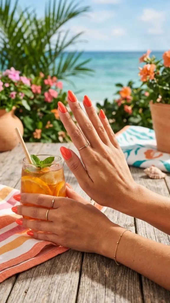Vibrant coral nails with a glossy finish for a fresh, chic, and effortlessly stylish summer manicure.