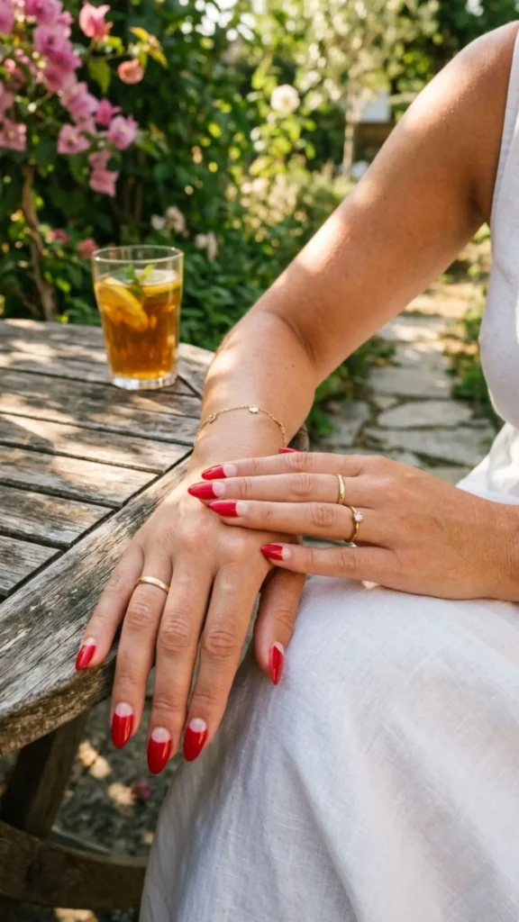  Classic red nails paired with a nude base for a timeless and sophisticated design.
