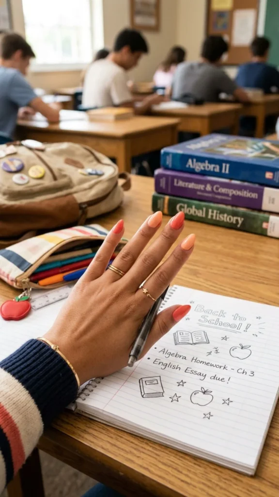 Classic coral and peach-toned nails offering a warm, timeless, and elegant manicure.