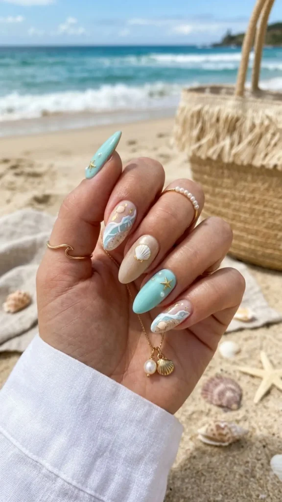 Classy beach-inspired ocean nails with soft blue shades and delicate coastal details for a chic summer manicure.