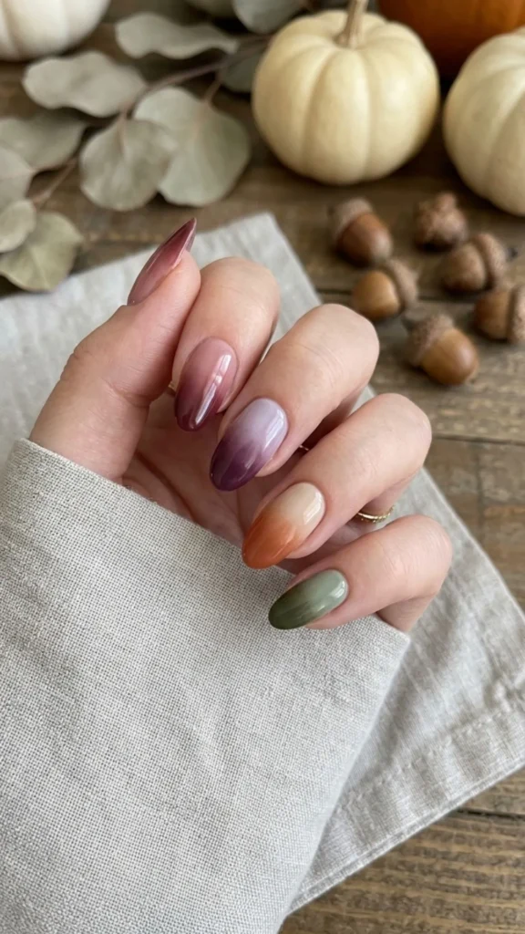 Classy ombre nails blending soft neutral and warm tones for an elegant summer to fall transitional manicure.