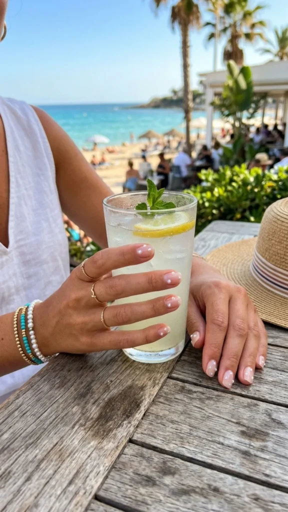 Clear nails embellished with tiny pearls for a delicate and elegant finish.