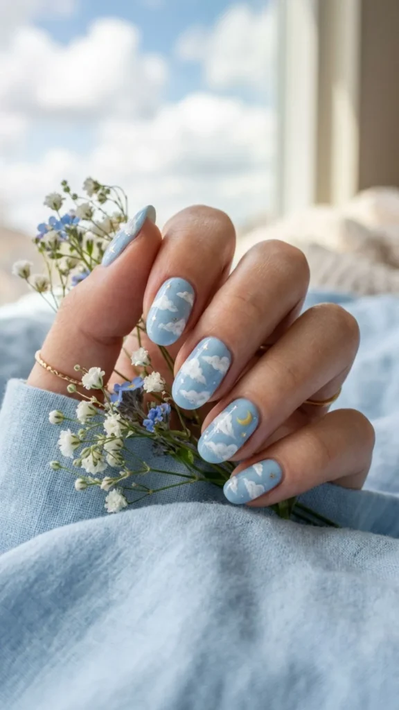Soft cloud nail art with dreamy sky-inspired designs.
