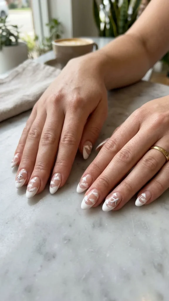 Elegant cloud and plane French nails blending soft sky details with timeless French manicure tips.