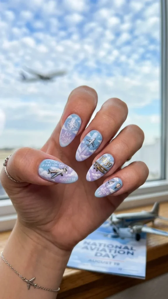 Dreamy Cloudy Sky Nails with Airplane Details