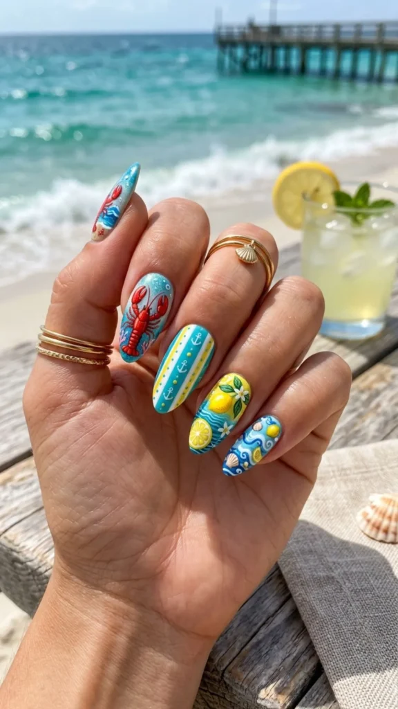Coastal summer ocean inspired nails with lobster and lemon art