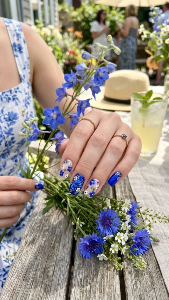 Bold cobalt blue nails with beautiful floral nail art accents.