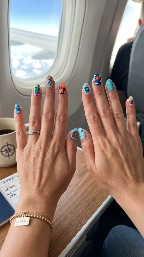 Fun colorful airplane travel nails combining vibrant shades, playful aircraft motifs, and adventurous vacation vibes.