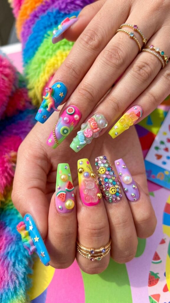 Colorful bling nails with vibrant 3D junk nail art, sparkling gems, crystals, and playful embellishments.