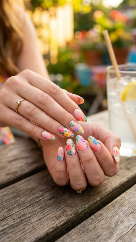 Vibrant floral nail art featuring colorful flowers for a fresh summer look.