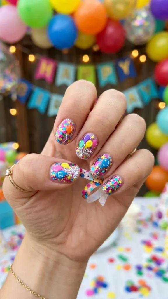Colorful glitter balloon nails with playful birthday-inspired details.
