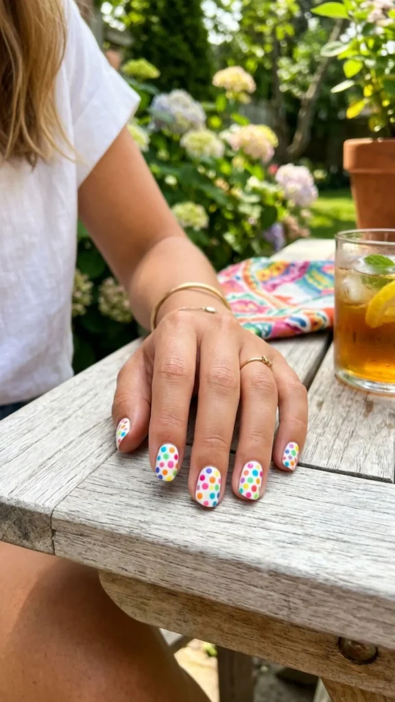 Fun colorful polka dot nails for a cheerful and playful manicure.