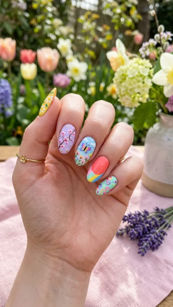 Fresh spring nail art featuring bright colors, playful patterns, and seasonal floral details.