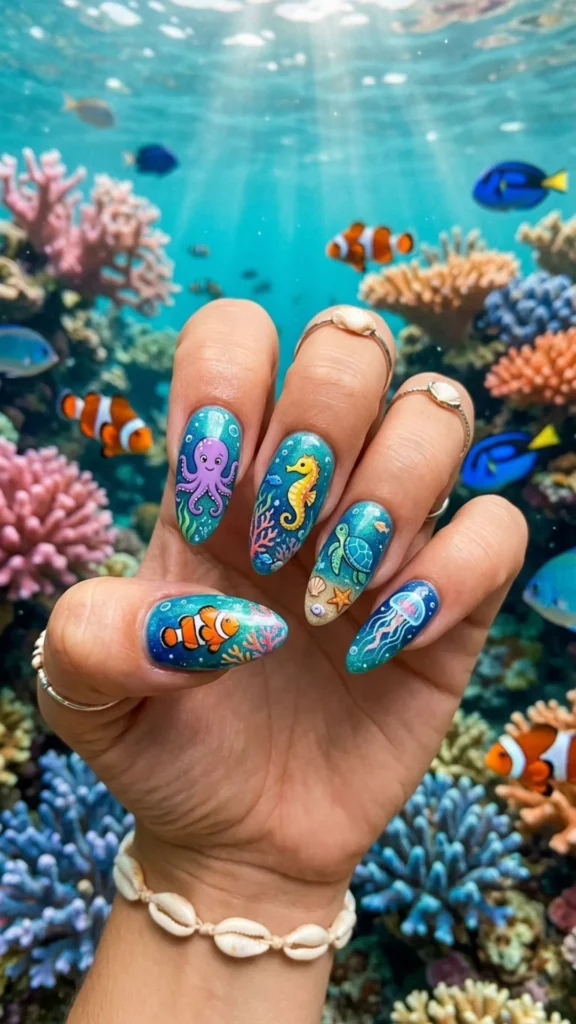 Colorful under the sea ocean inspired nails with cute sea creatures