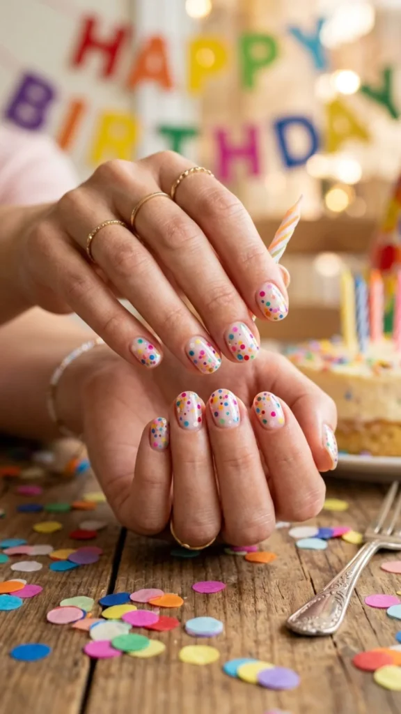 Round birthday nails decorated with colorful confetti dots.