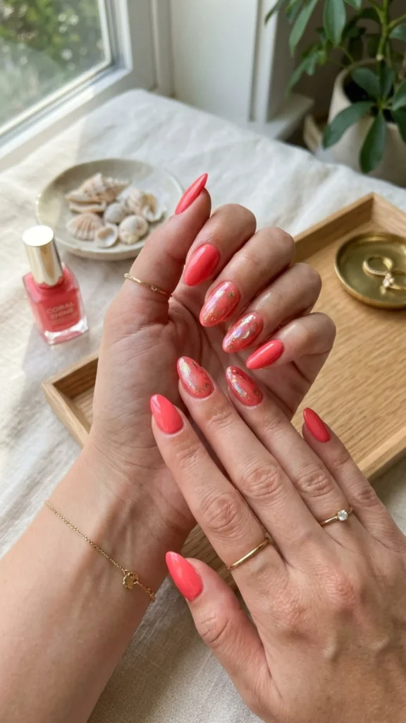 Coral shine nails with bright glossy summer finish