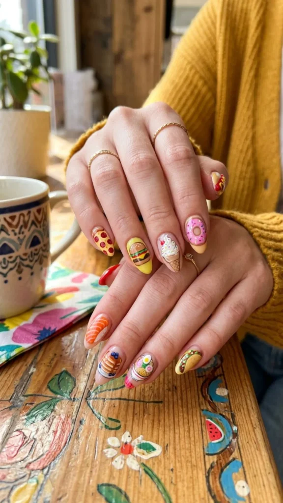 Fun food-inspired nail art featuring colorful treats, snacks, and playful designs.