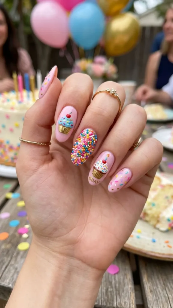 Oval birthday nails featuring a cute cupcake and sprinkles.