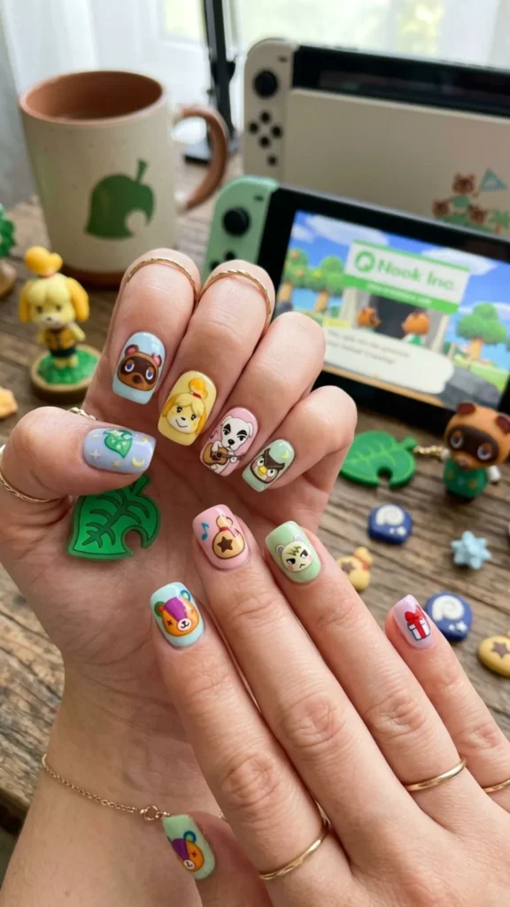 Adorable Animal Crossing-inspired nails featuring cute characters, colorful details, and playful gaming-themed designs.