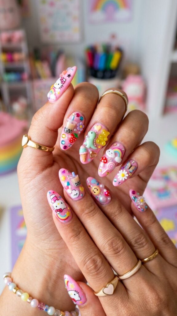 Cute cartoon acrylic nails featuring playful character artwork, colorful charms, and creative 3D junk nail art.