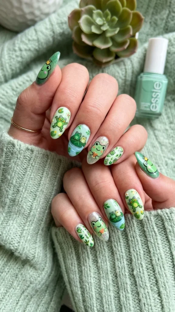 Playful frog nail art with charming green accents