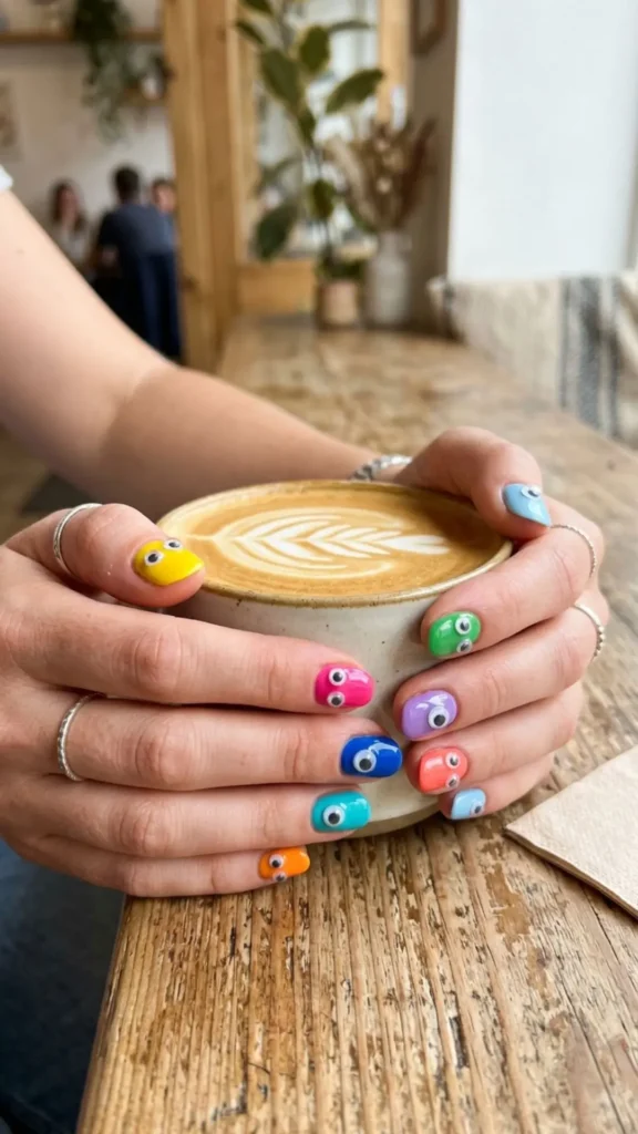 Playful googly eye nail art with colorful details for a fun manicure.