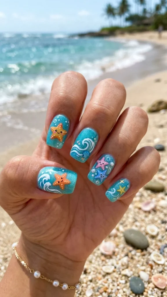 Cute starfish and wave ocean inspired nails for beachy summer