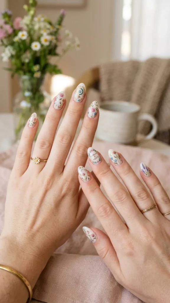 Delicate floral nails with feminine equality-inspired art.