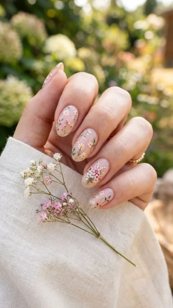 Tiny floral nail art creates a delicate, feminine, and elegant manicure inspired by beautiful summer blooms.