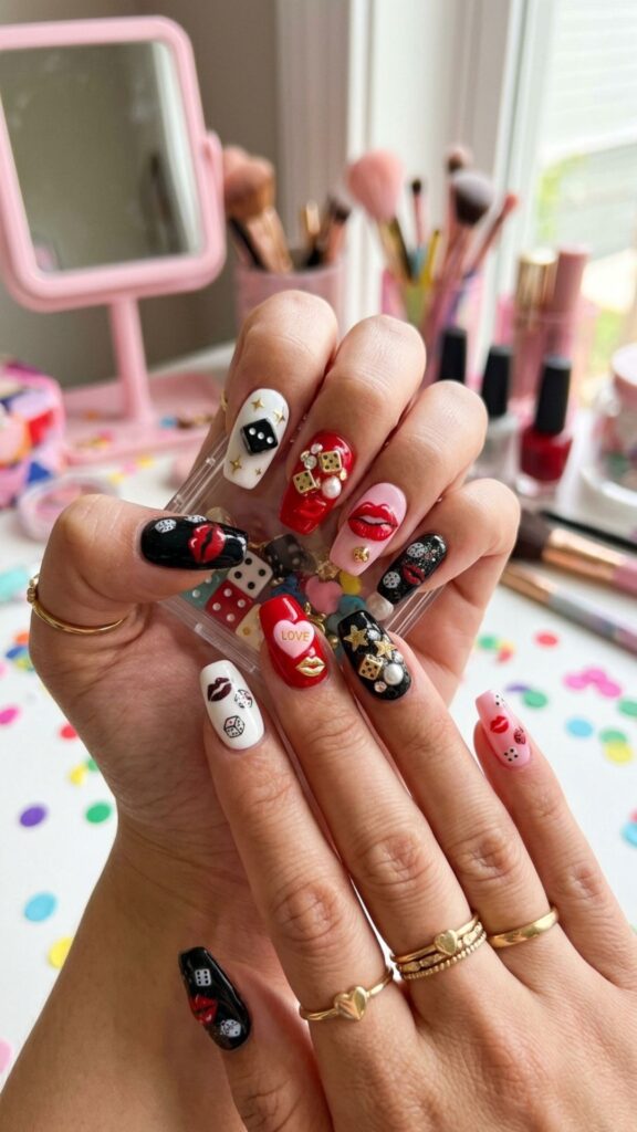 Dice and lips nails featuring playful casino-inspired details, red lips, rhinestones, and colorful 3D nail accents.