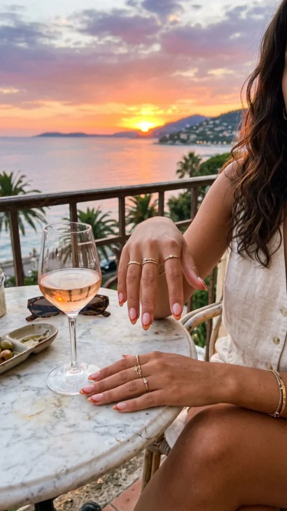  Chic double French nails featuring warm sunset-inspired colors for a modern and elegant manicure.