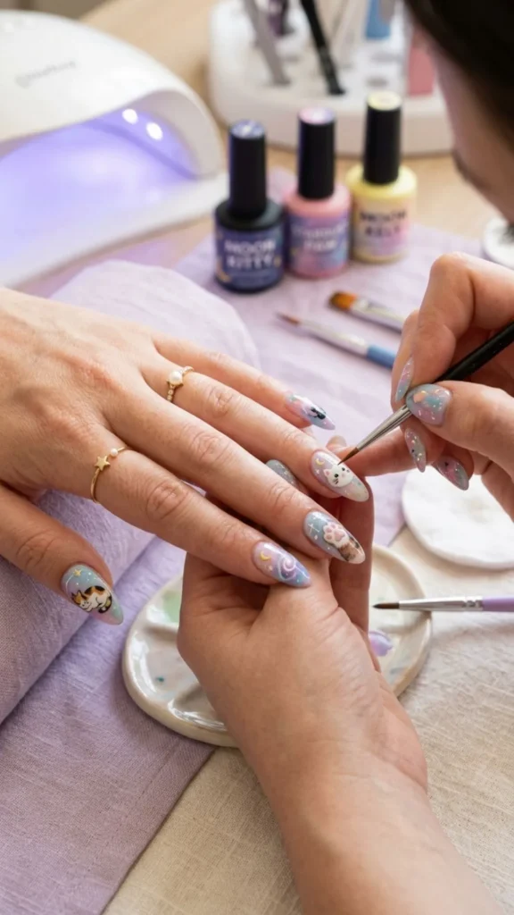 Adorable dreamy cat nail art featuring cute feline illustrations with whimsical accents.