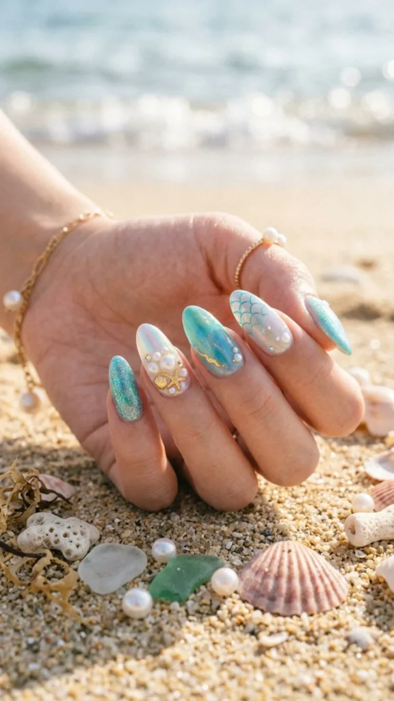 Dreamy mermaid ocean inspired nails with shimmering pearl accents