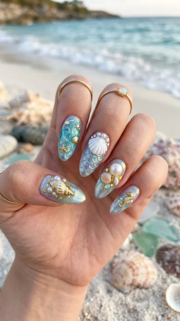Dreamy mermaid seashell ocean inspired nails with magical beach details