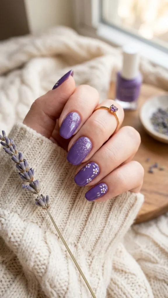 Simple purple nails with stylish artistic details