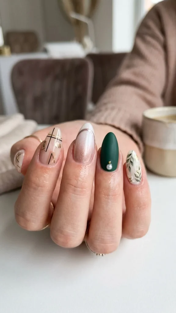 Stylish almond-shaped nails featuring elegant patterns and sophisticated nail art.
